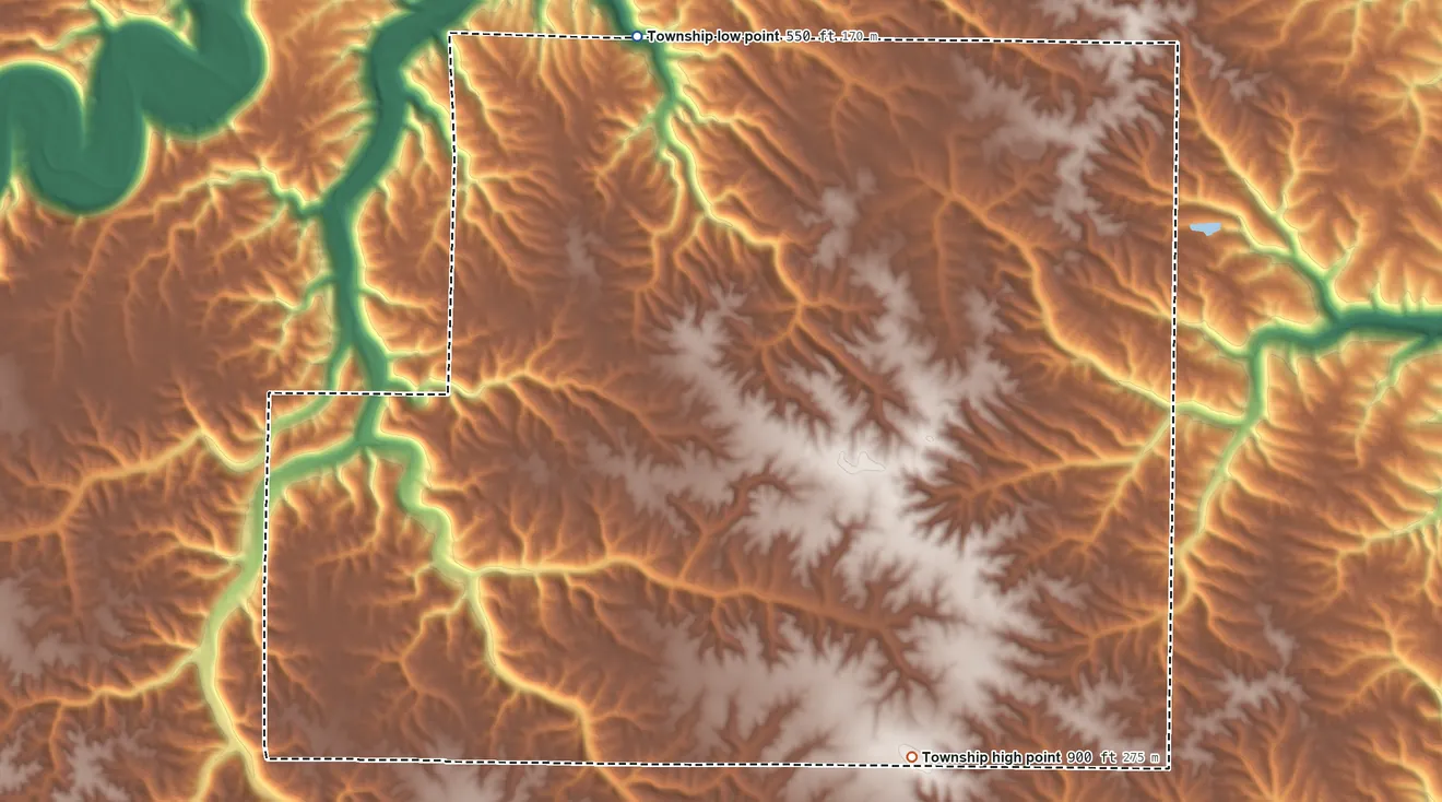 Topographic elevation map of Cass Township, Ohio County, Indiana, shaded from 550 ft on the north side to 900 ft on the south side