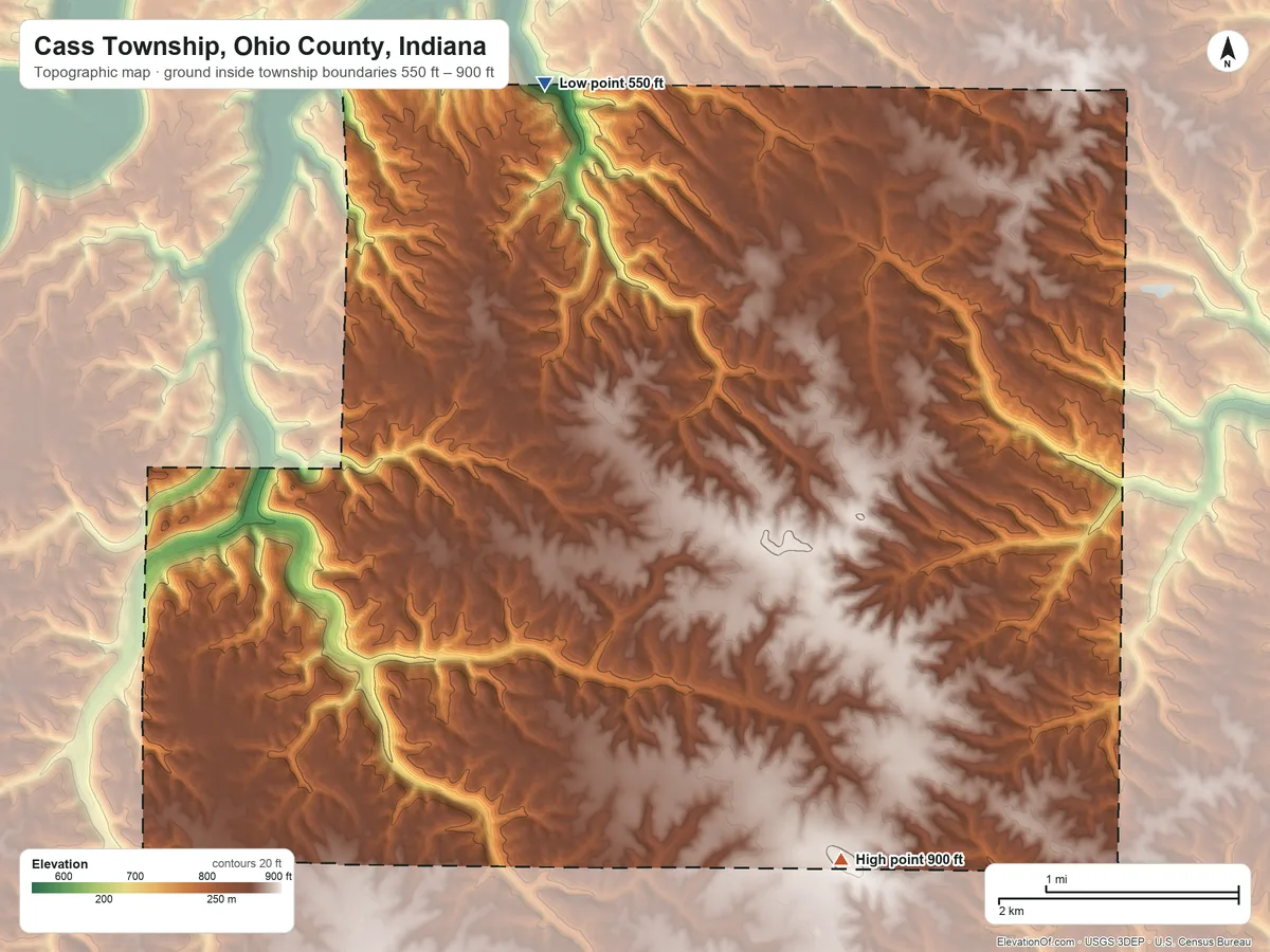 Topographic elevation map of Cass Township, Ohio County, Indiana, shaded from 550 ft on the north side to 900 ft on the south side