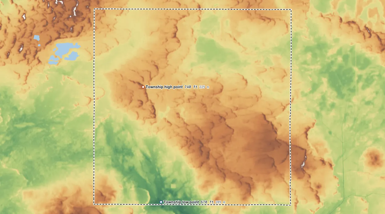 Topographic elevation map of Cass Township, Pulaski County, Indiana, shaded from 670 ft on the south side to 740 ft on the northwest side