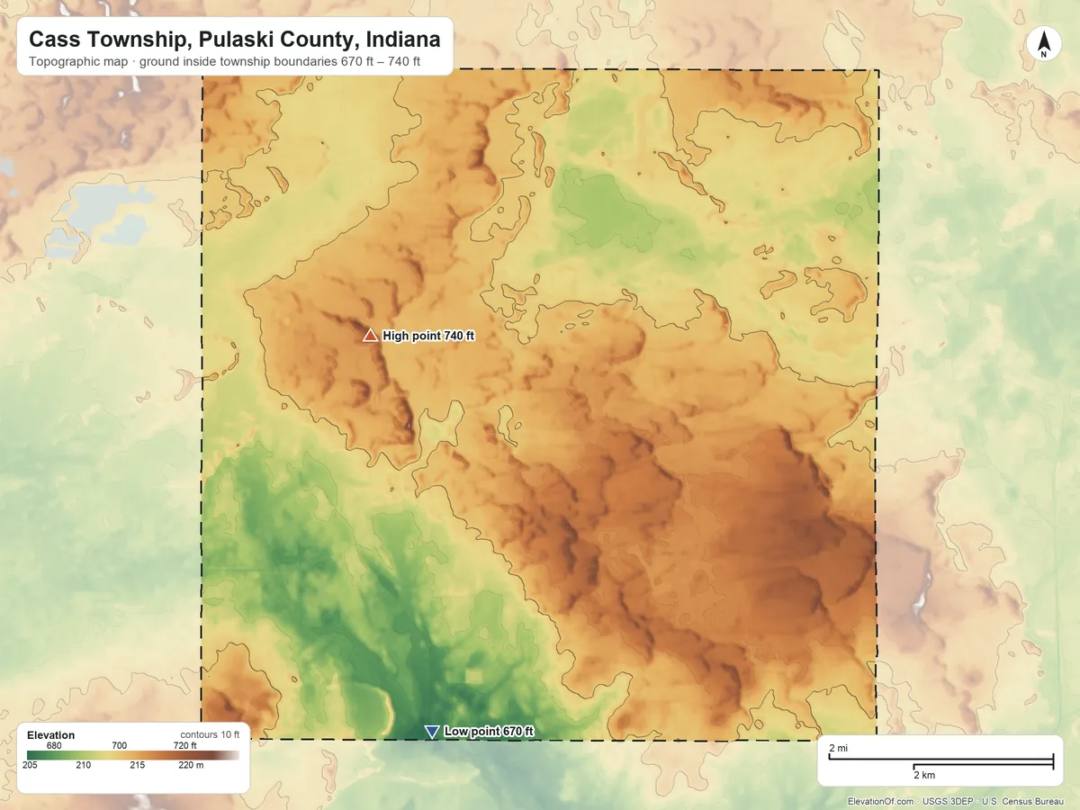 Topographic elevation map of Cass Township, Pulaski County, Indiana, shaded from 670 ft on the south side to 740 ft on the northwest side