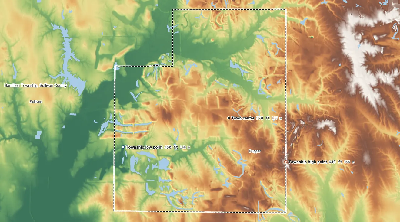 Topographic elevation map of Cass Township, Sullivan County, Indiana, shaded from 450 ft on the west side to 640 ft on the southeast side