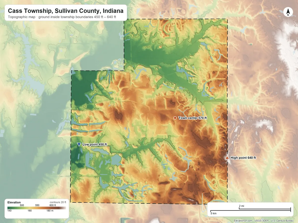 Topographic elevation map of Cass Township, Sullivan County, Indiana, shaded from 450 ft on the west side to 640 ft on the southeast side