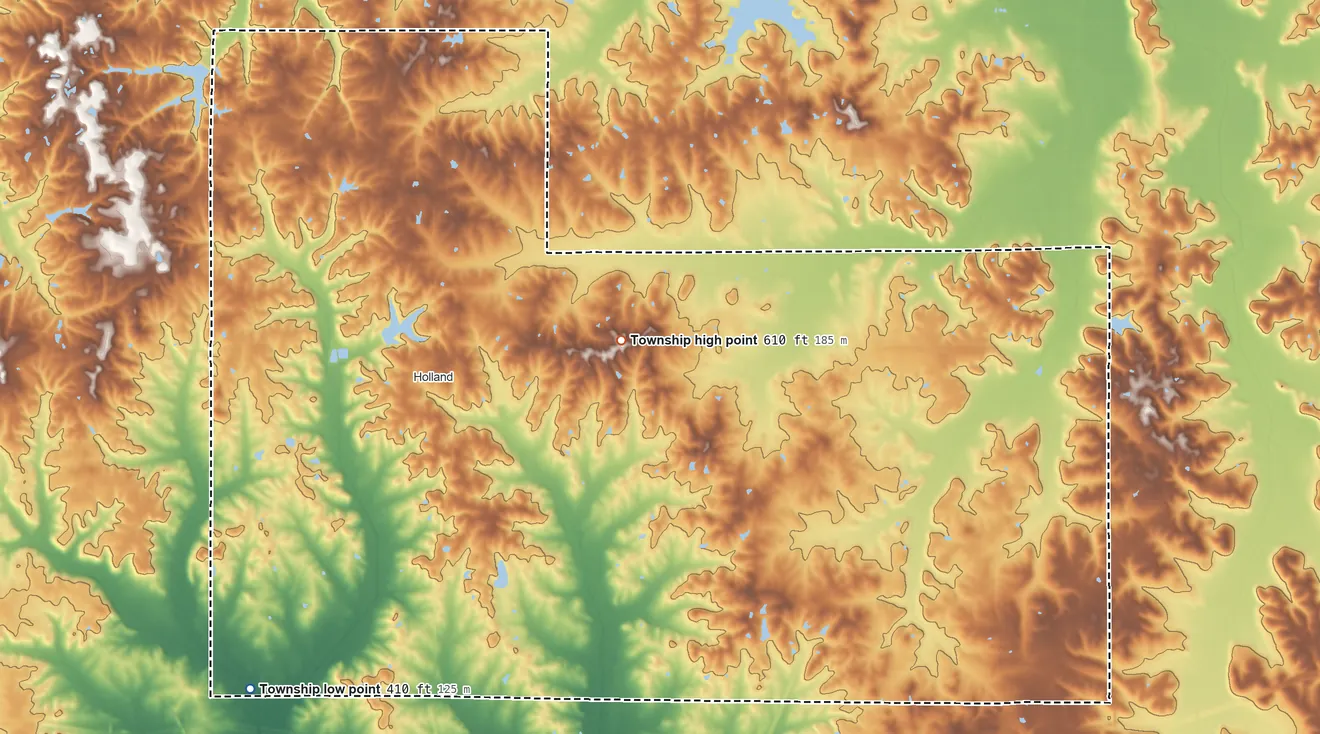 Topographic elevation map of Cass Township, Indiana, shaded from 410 ft on the southwest side to 610 ft near the middle