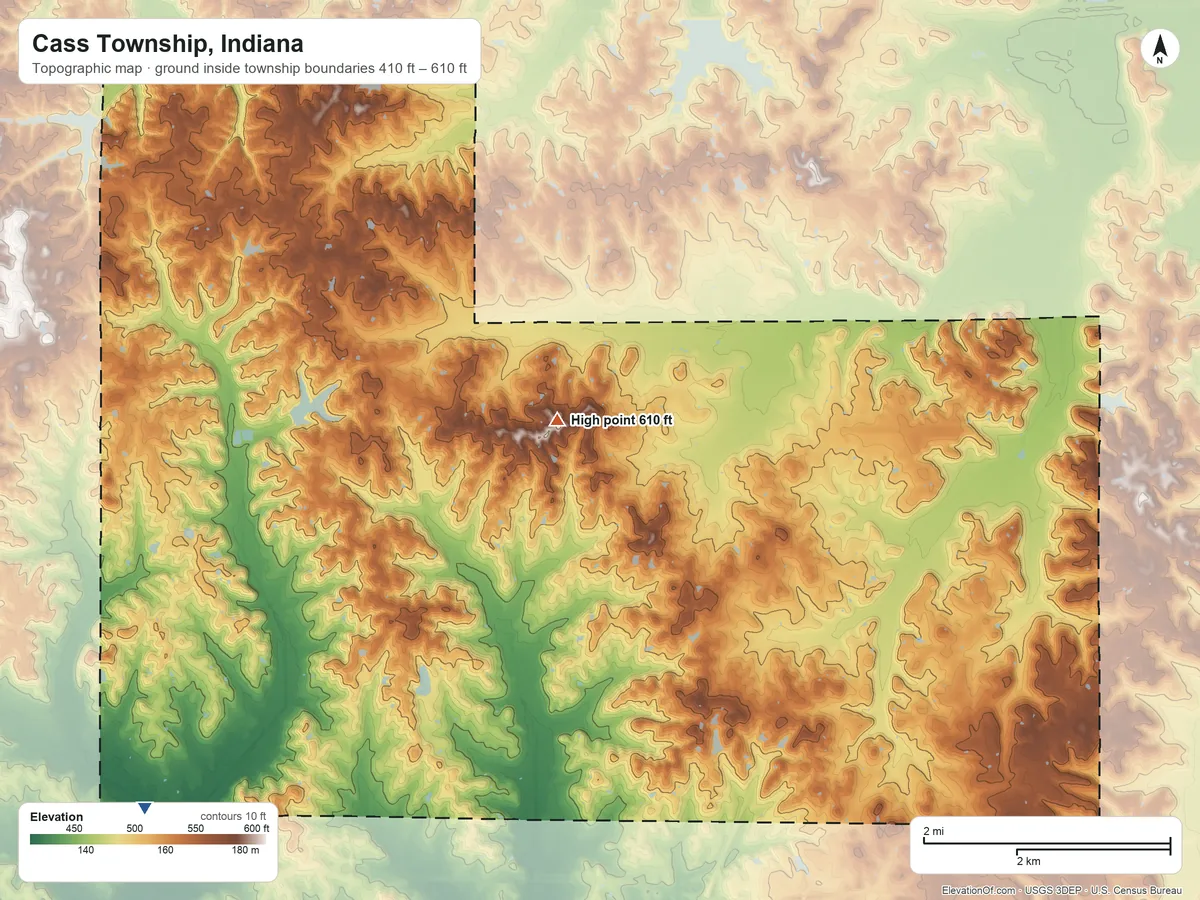 Topographic elevation map of Cass Township, Indiana, shaded from 410 ft on the southwest side to 610 ft near the middle