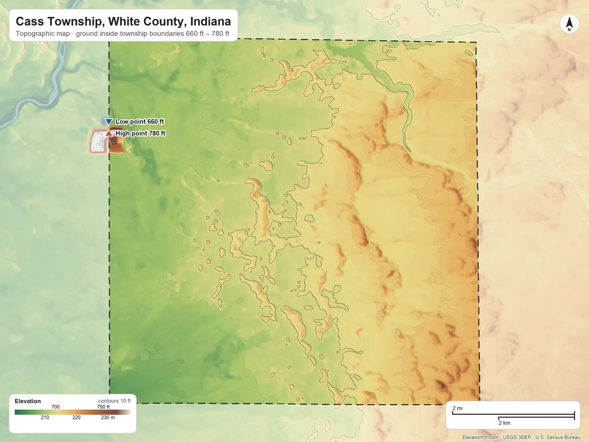 Topographic elevation map of Cass Township, White County, Indiana, shaded from 660 ft on the northwest side to 780 ft on the northwest side