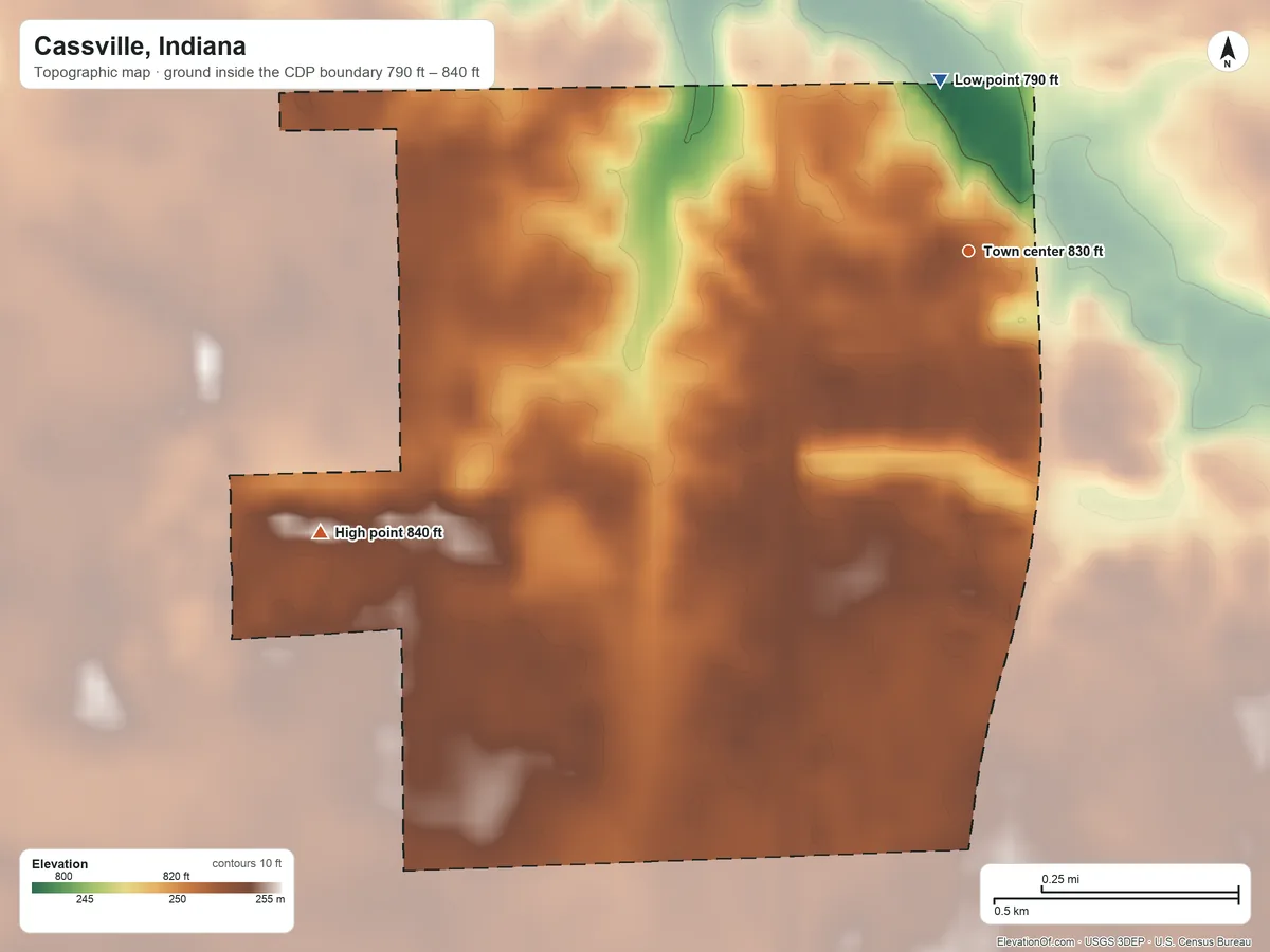 Topographic elevation map of Cassville, Indiana, shaded from 790 ft on the north side to 840 ft on the southwest side