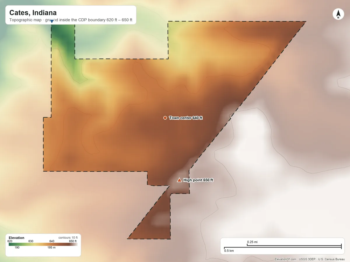 Topographic elevation map of Cates, Indiana, shaded from 620 ft on the northwest side to 650 ft on the south side