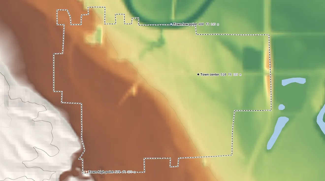 Topographic elevation map of Cayuga, Indiana, shaded from 480 ft on the northwest side to 570 ft on the southwest side