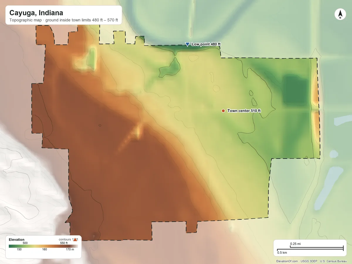 Topographic elevation map of Cayuga, Indiana, shaded from 480 ft on the northwest side to 570 ft on the southwest side