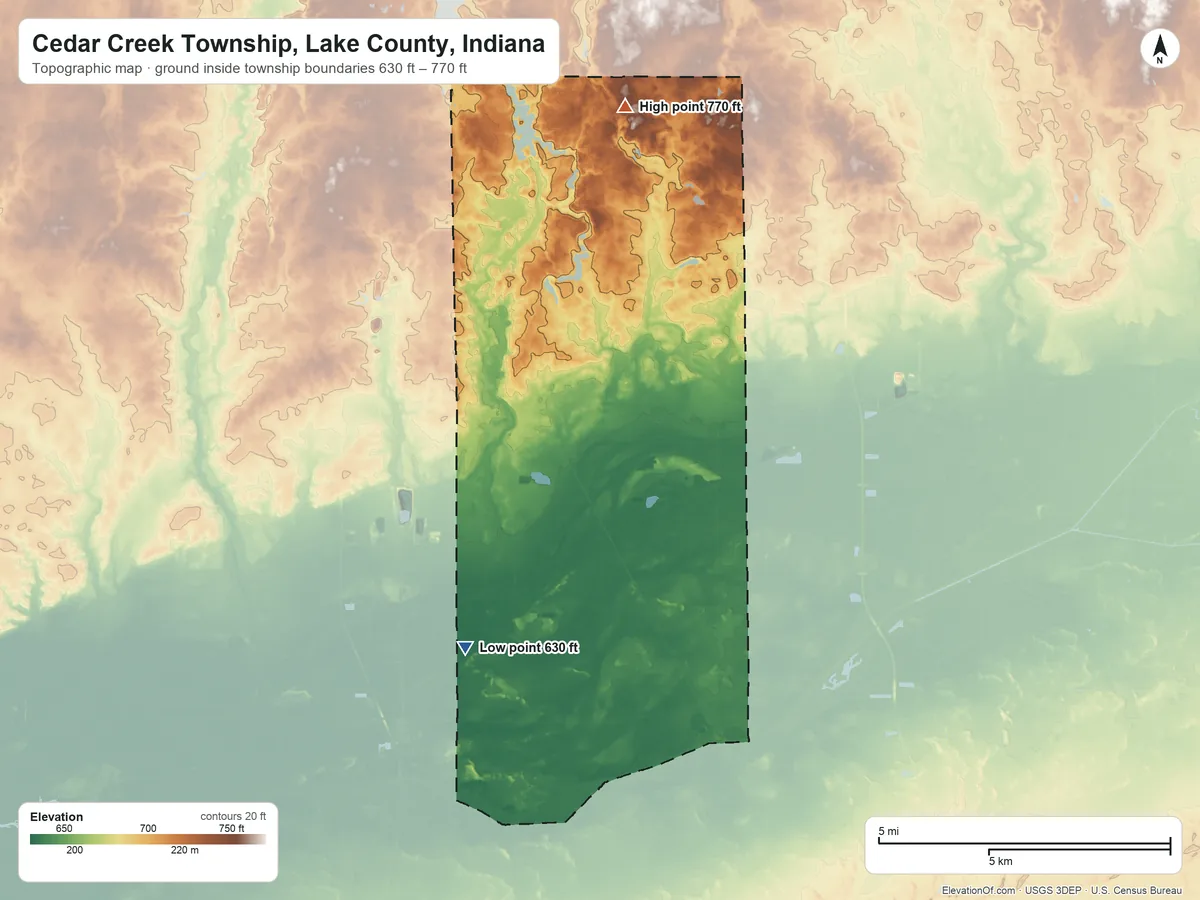 Topographic elevation map of Cedar Creek Township, Lake County, Indiana, shaded from 630 ft on the south side to 770 ft on the northeast side