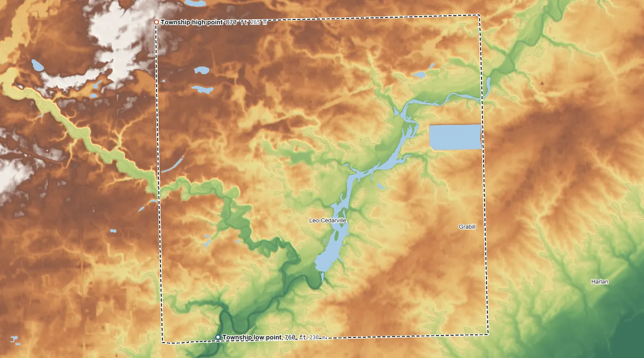 Topographic elevation map of Cedar Creek Township, Indiana, shaded from 760 ft on the southwest side to 870 ft on the northwest side