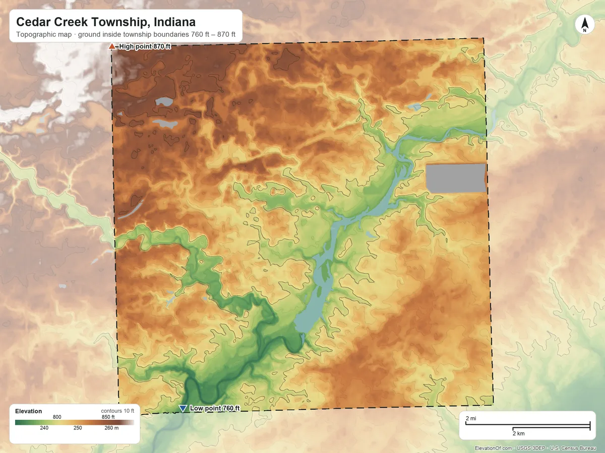 Topographic elevation map of Cedar Creek Township, Indiana, shaded from 760 ft on the southwest side to 870 ft on the northwest side