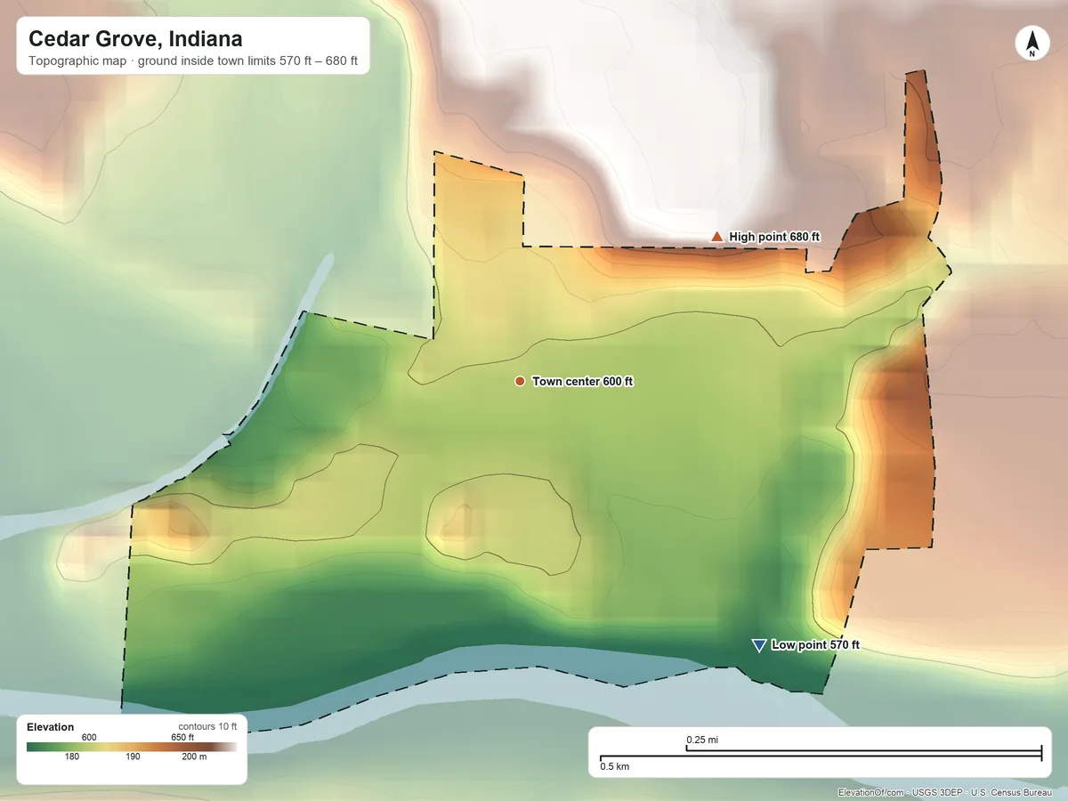 Topographic elevation map of Cedar Grove, Indiana, shaded from 570 ft on the southeast side to 680 ft on the northeast edge, below higher ground just outside