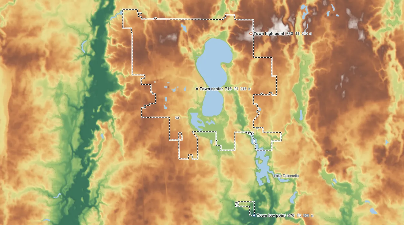 Topographic elevation map of Cedar Lake, Indiana, shaded from 670 ft on the southeast side to 780 ft on the northeast side