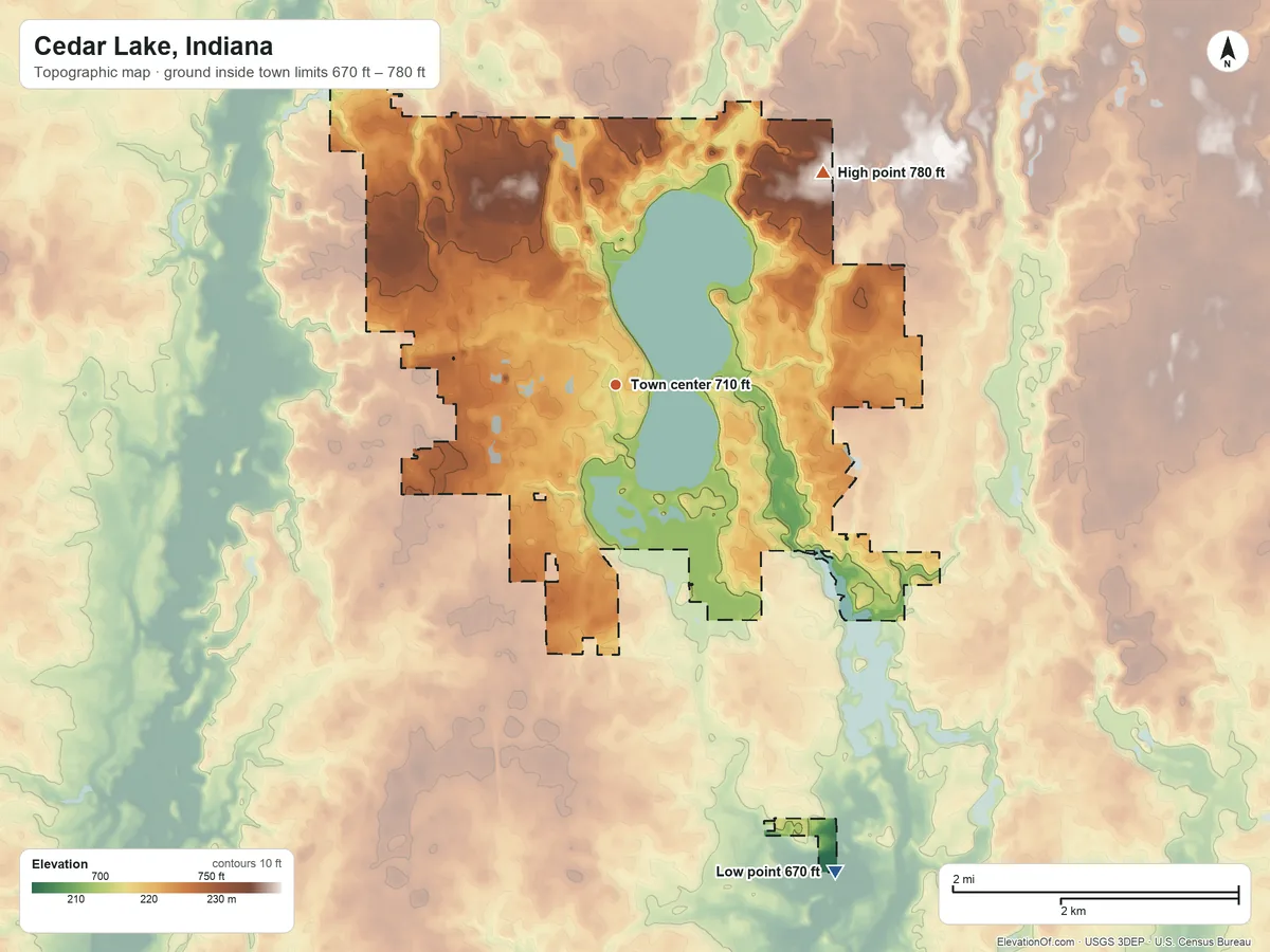Topographic elevation map of Cedar Lake, Indiana, shaded from 670 ft on the southeast side to 780 ft on the northeast side