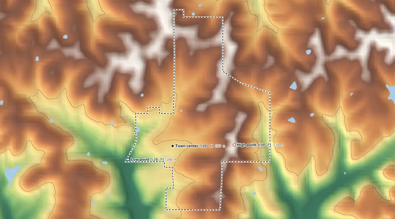Topographic elevation map of Celestine, Indiana, shaded from 520 ft on the west side to 690 ft on the east side
