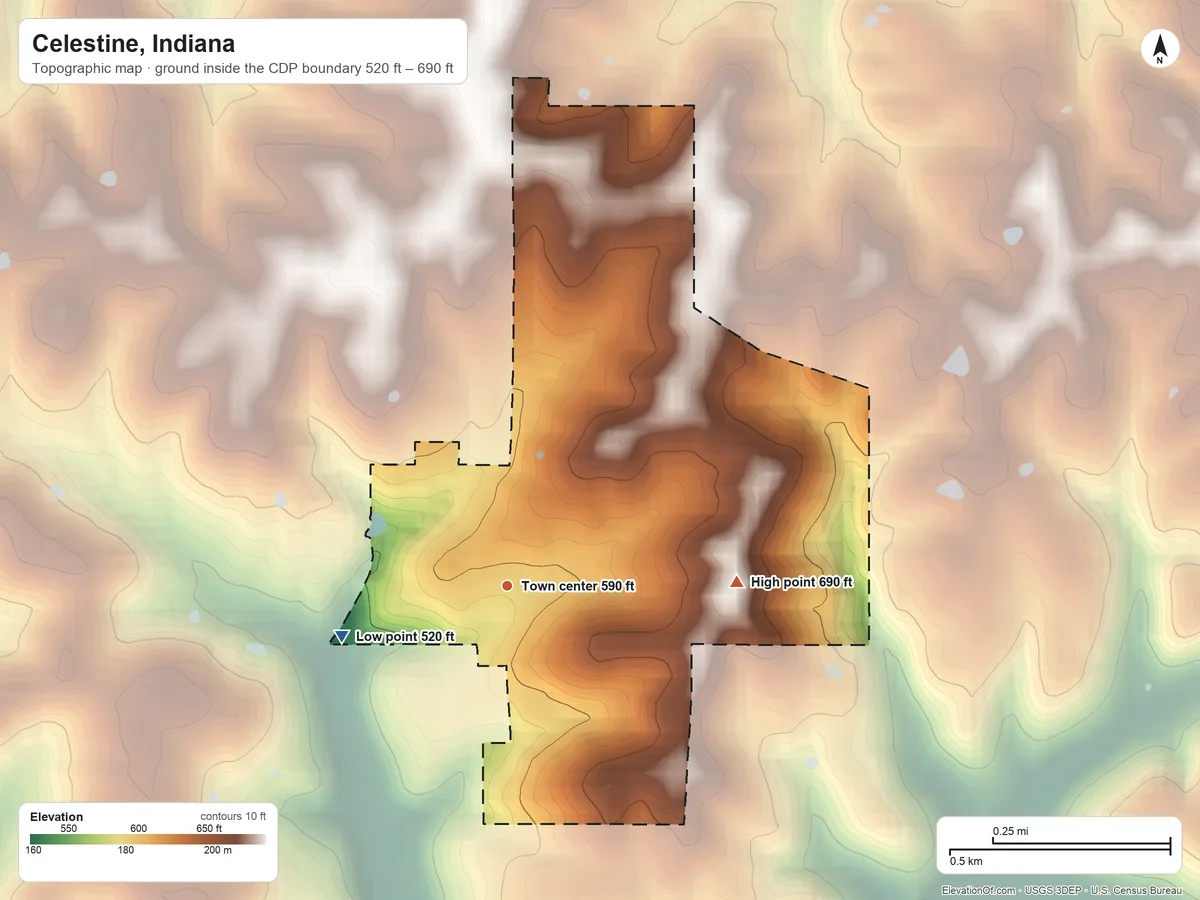 Topographic elevation map of Celestine, Indiana, shaded from 520 ft on the west side to 690 ft on the east side