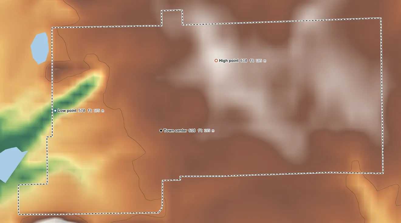Topographic elevation map of Centenary, Indiana, shaded from 570 ft on the west side to 610 ft on the northeast side