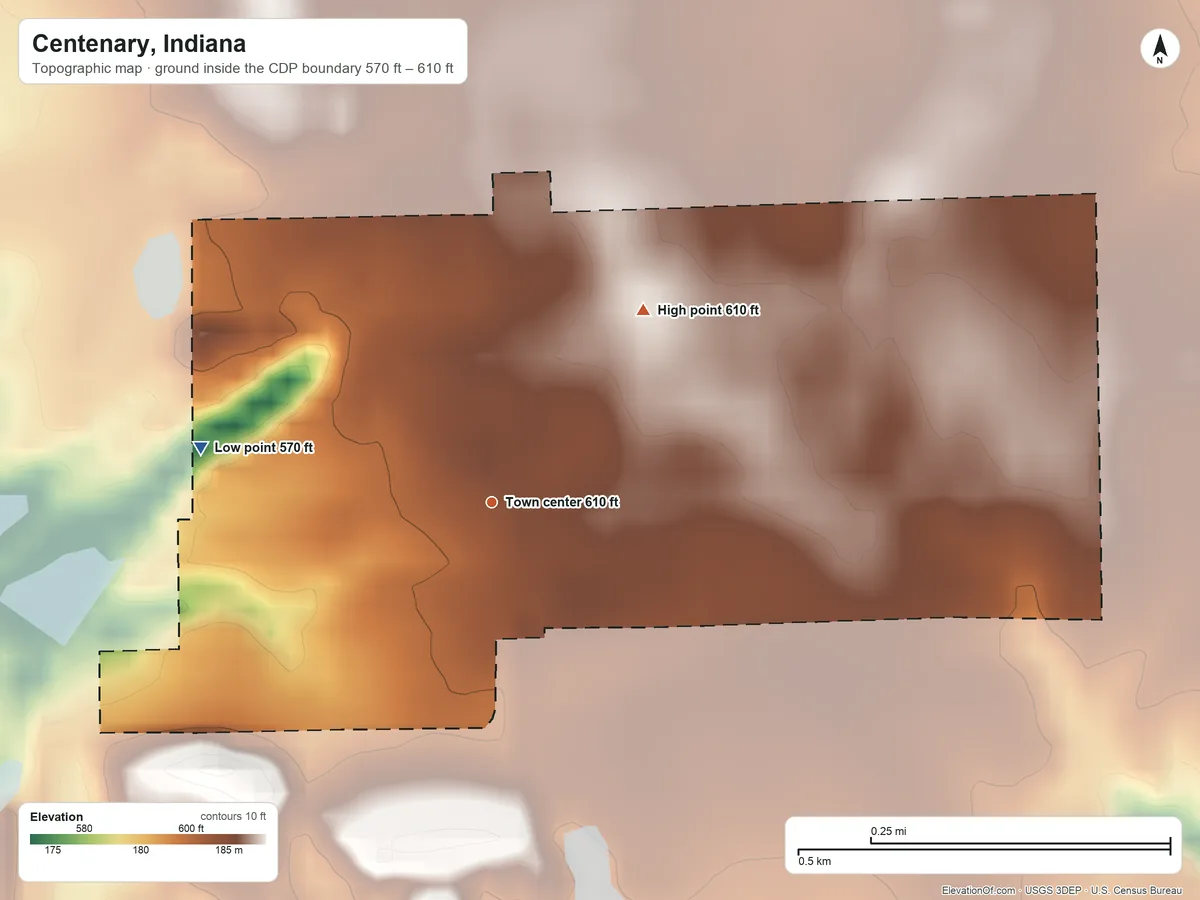 Topographic elevation map of Centenary, Indiana, shaded from 570 ft on the west side to 610 ft on the northeast side