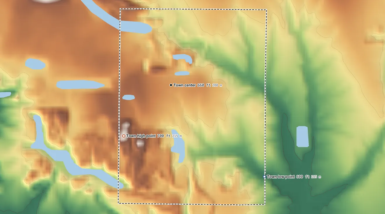 Topographic elevation map of Center Point, Indiana, shaded from 600 ft on the southeast side to 700 ft on the southwest side