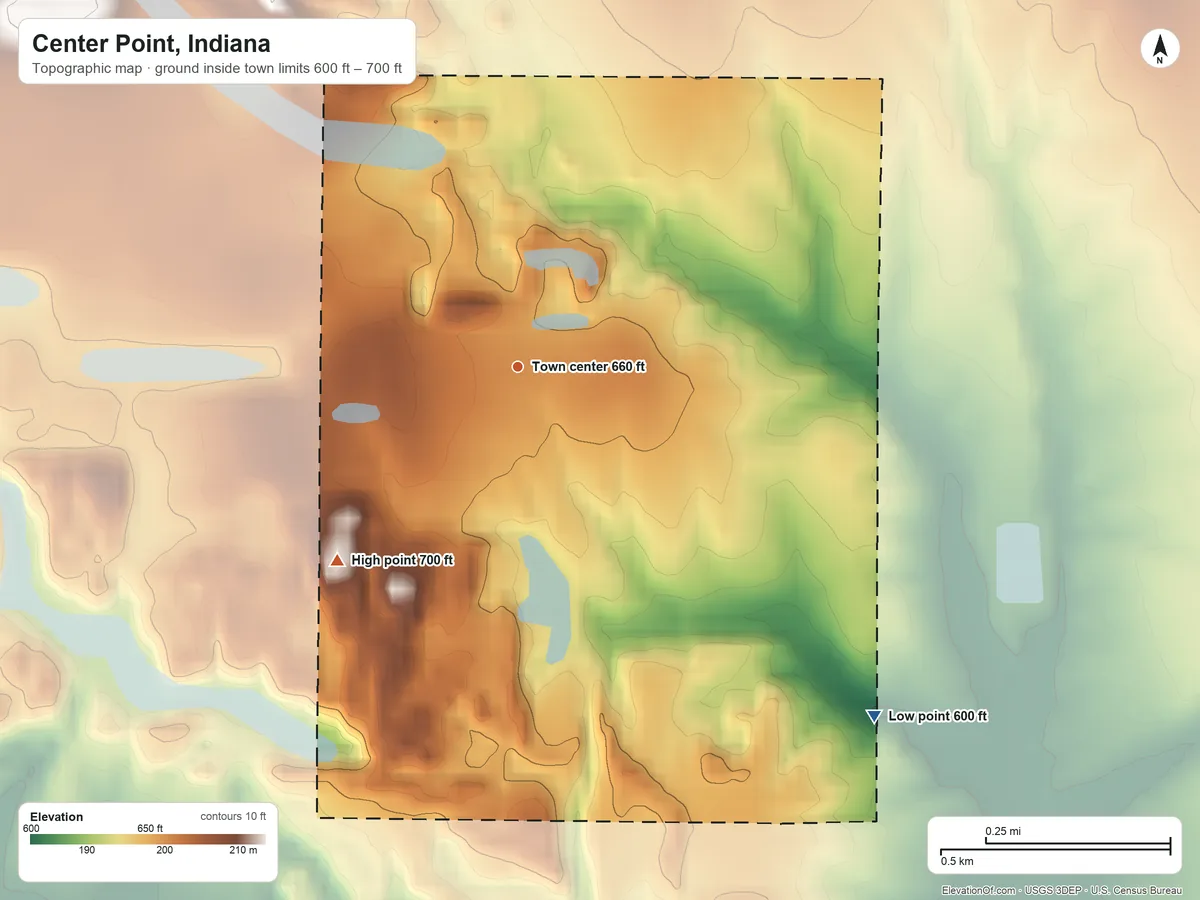 Topographic elevation map of Center Point, Indiana, shaded from 600 ft on the southeast side to 700 ft on the southwest side