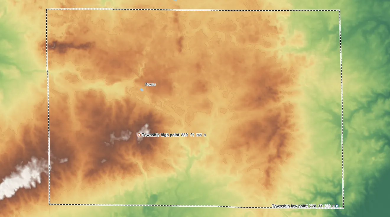 Topographic elevation map of Center Township, Benton County, Indiana, shaded from 720 ft on the southeast side to 880 ft on the southwest side
