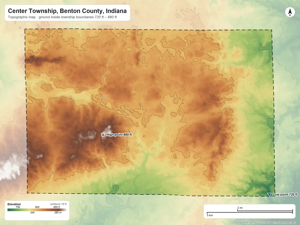 Topographic elevation map of Center Township, Benton County, Indiana, shaded from 720 ft on the southeast side to 880 ft on the southwest side