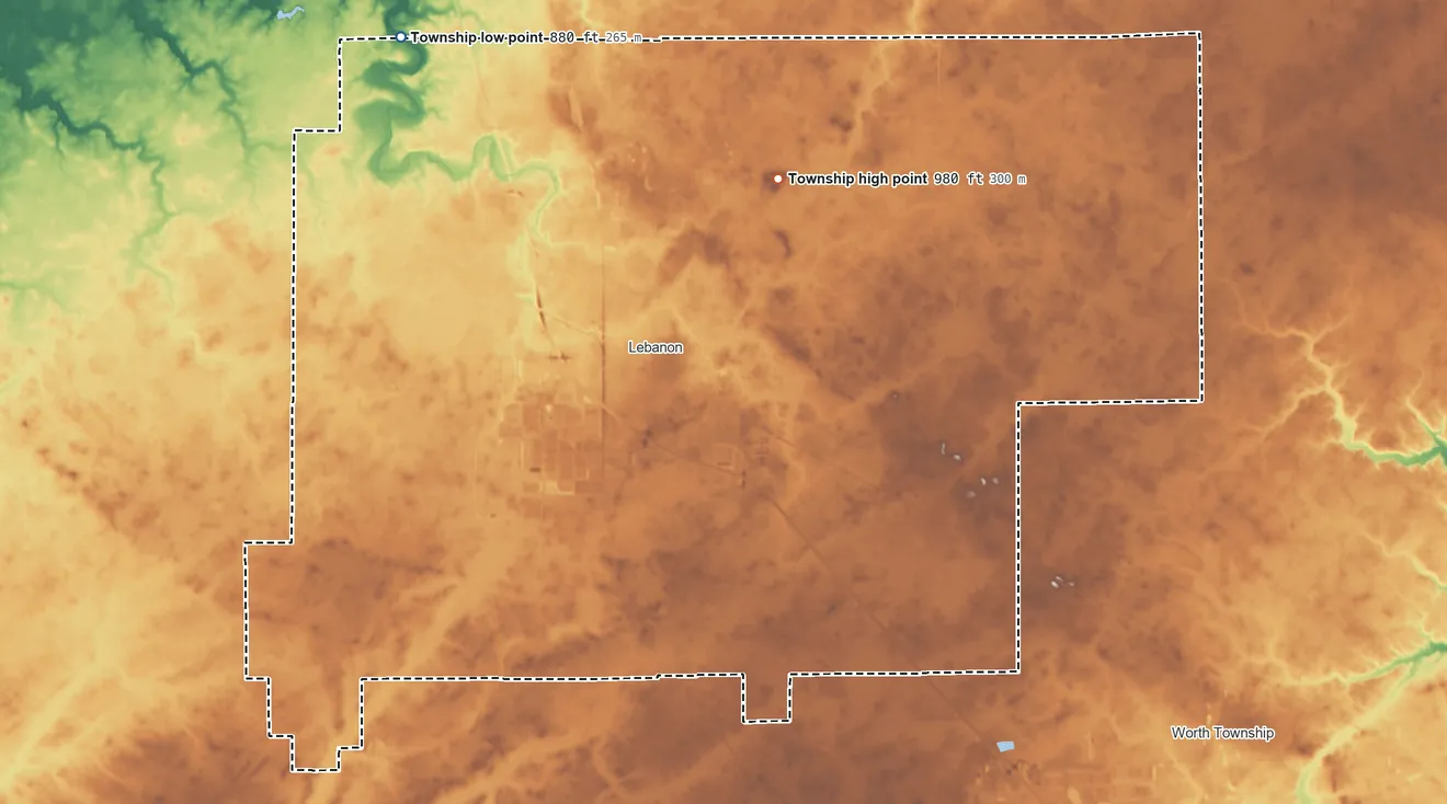 Topographic elevation map of Center Township, Boone County, Indiana, shaded from 880 ft on the northwest side to 980 ft on the northeast side