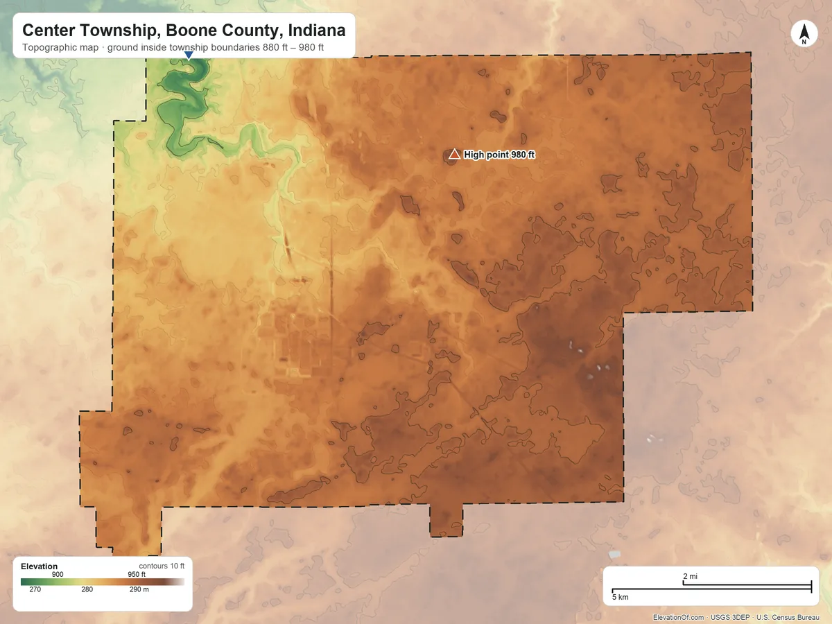 Topographic elevation map of Center Township, Boone County, Indiana, shaded from 880 ft on the northwest side to 980 ft on the northeast side