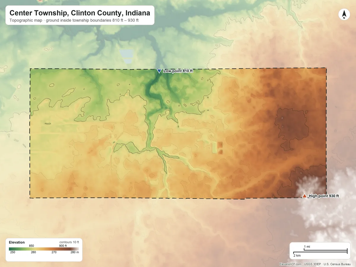 Topographic elevation map of Center Township, Clinton County, Indiana, shaded from 810 ft on the north side to 930 ft on the southeast side