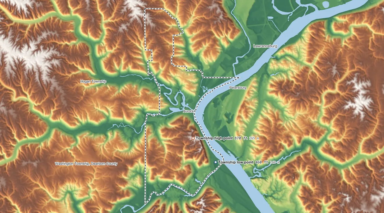 Topographic elevation map of Center Township, Dearborn County, Indiana, shaded from 460 ft on the southeast side to 870 ft on the southeast side
