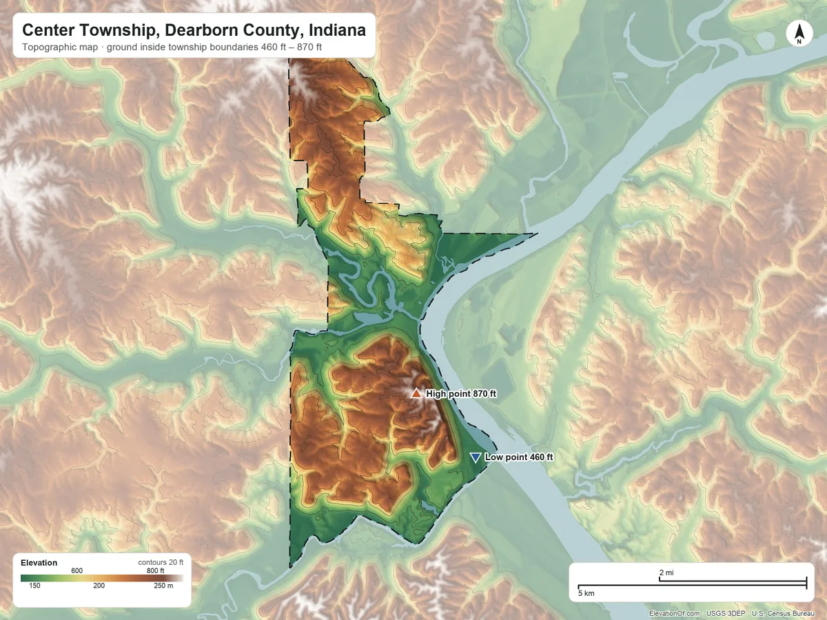 Topographic elevation map of Center Township, Dearborn County, Indiana, shaded from 460 ft on the southeast side to 870 ft on the southeast side