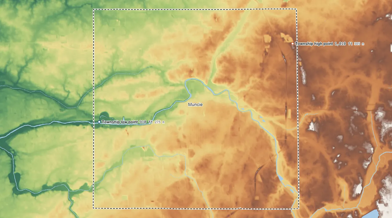 Topographic elevation map of Center Township, Delaware County, Indiana, shaded from 910 ft on the west side to 1,010 ft on the northeast side