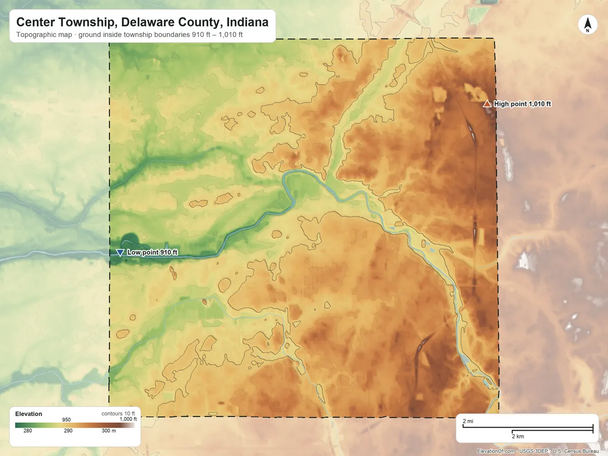 Topographic elevation map of Center Township, Delaware County, Indiana, shaded from 910 ft on the west side to 1,010 ft on the northeast side