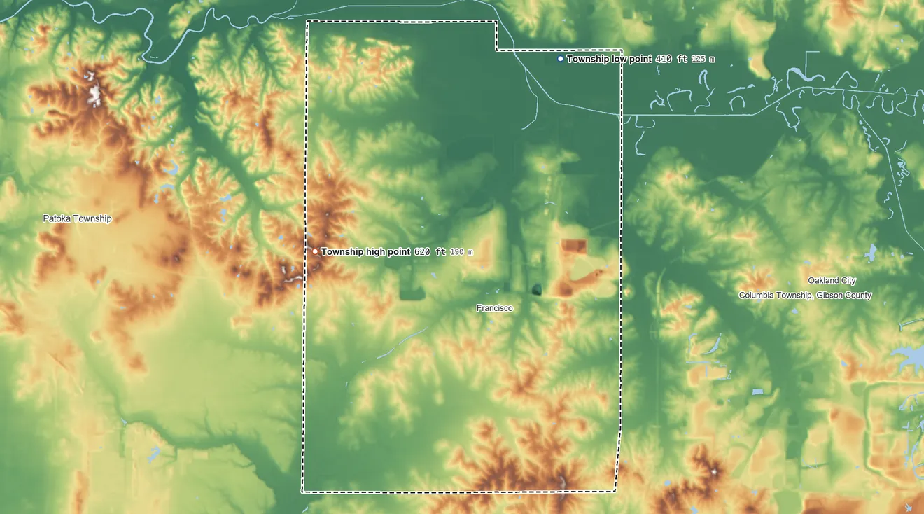 Topographic elevation map of Center Township, Gibson County, Indiana, shaded from 410 ft on the north side to 620 ft on the west side