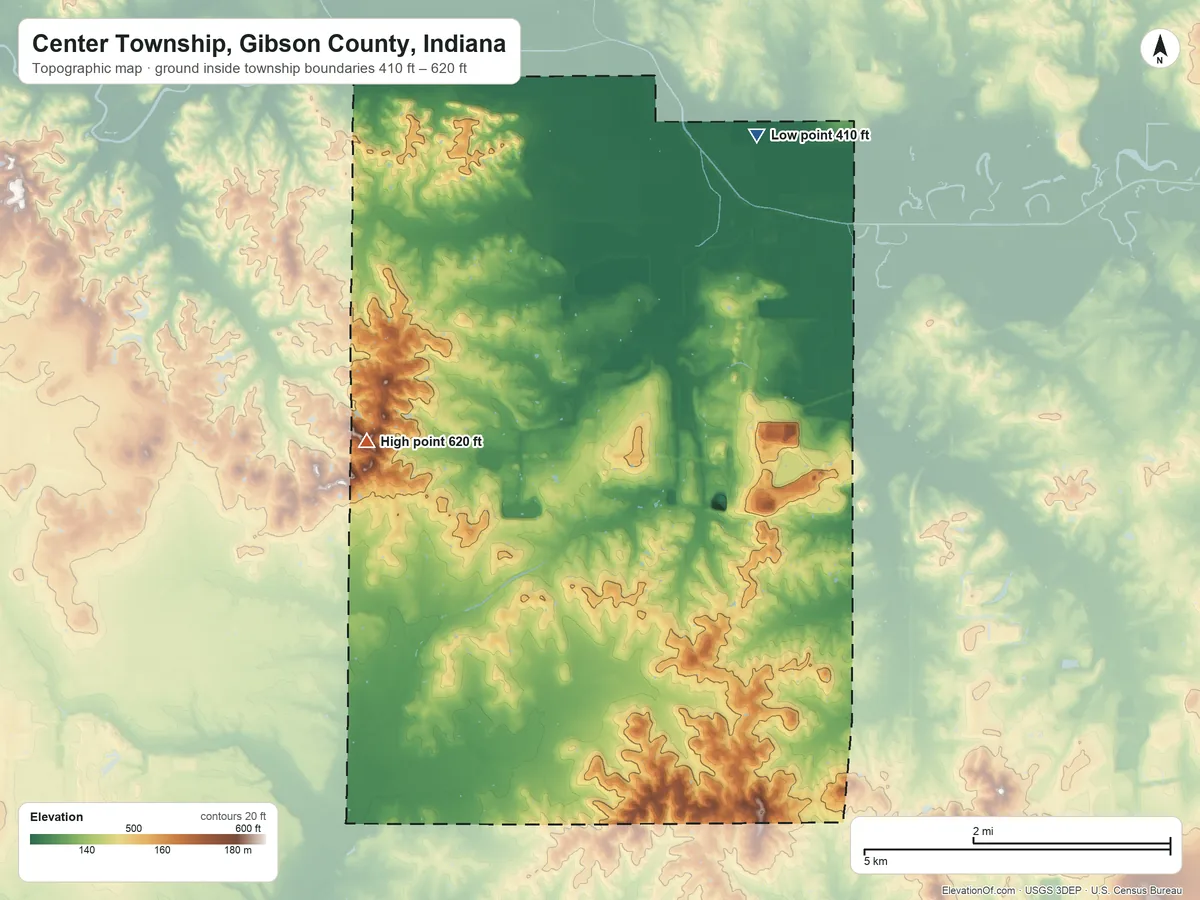 Topographic elevation map of Center Township, Gibson County, Indiana, shaded from 410 ft on the north side to 620 ft on the west side