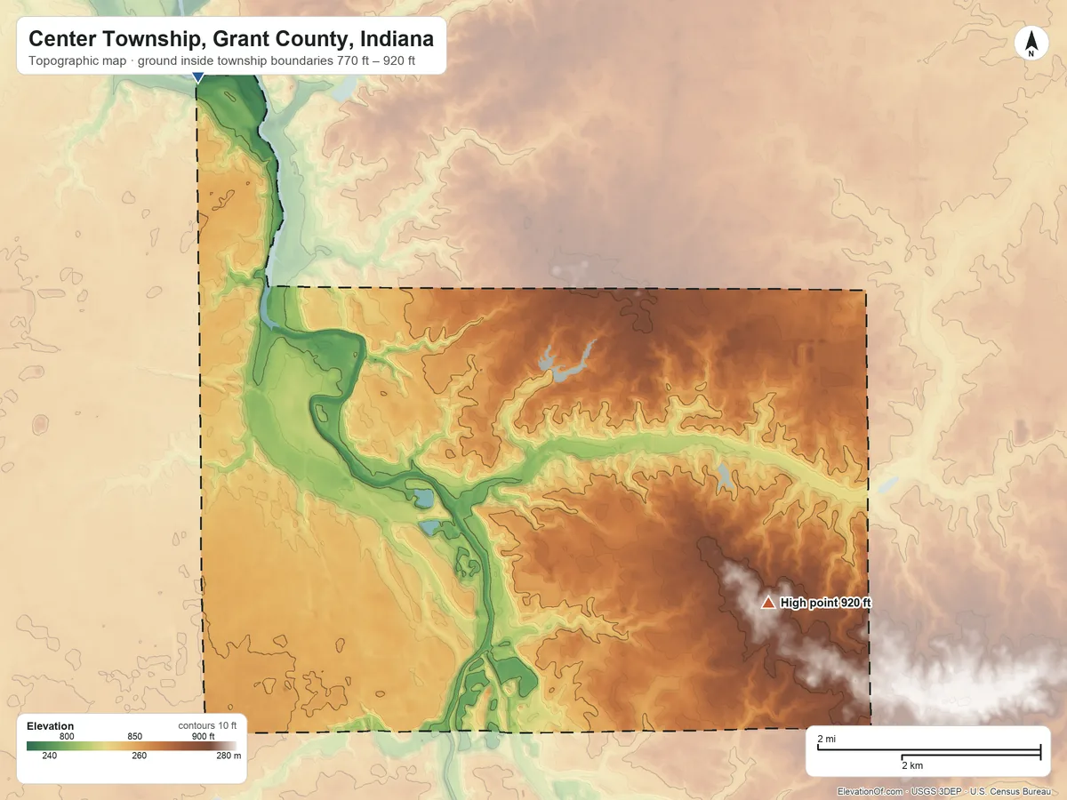 Topographic elevation map of Center Township, Grant County, Indiana, shaded from 770 ft on the north side to 920 ft on the east side
