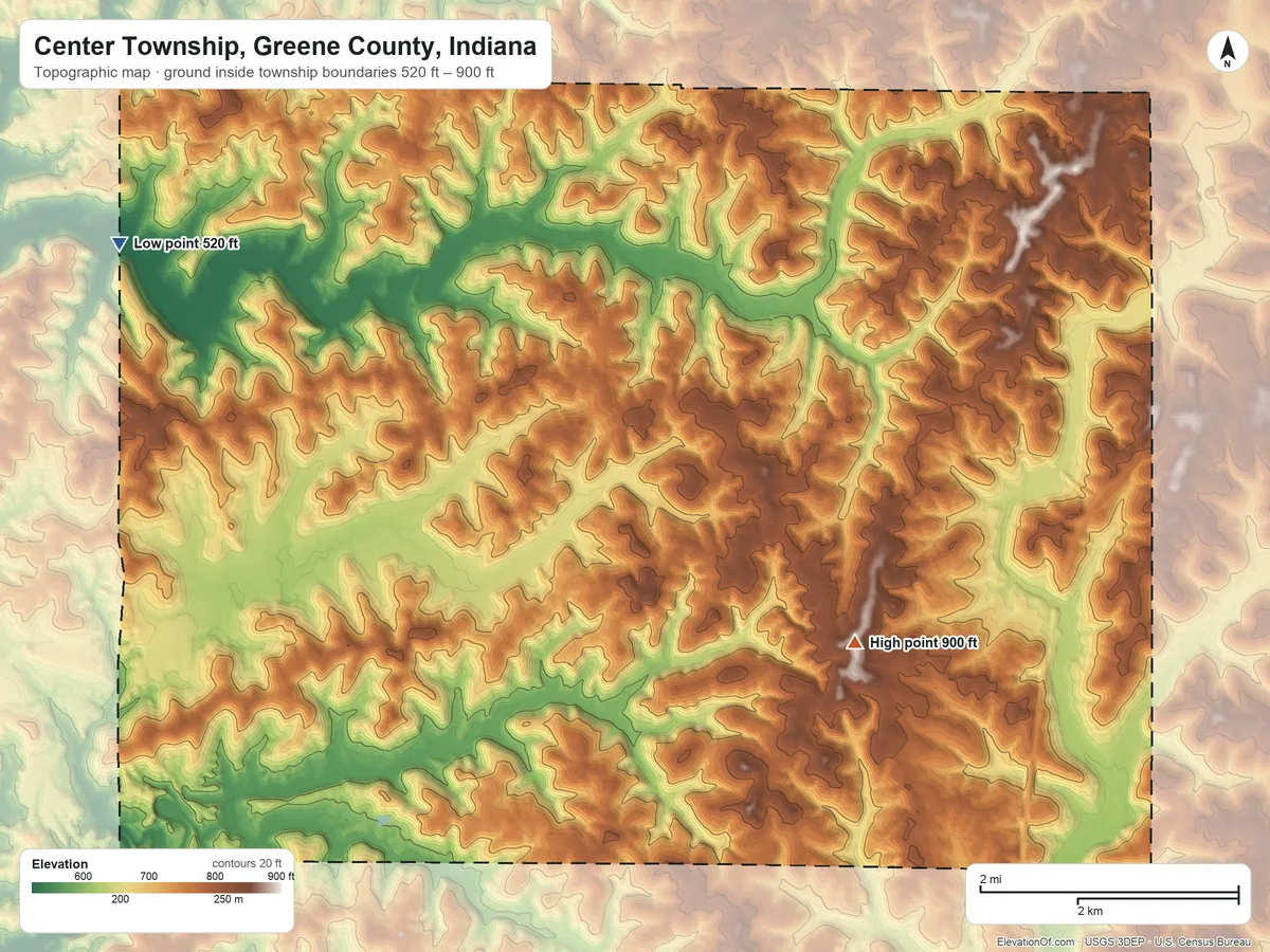 Topographic elevation map of Center Township, Greene County, Indiana, shaded from 520 ft on the west side to 900 ft on the south side