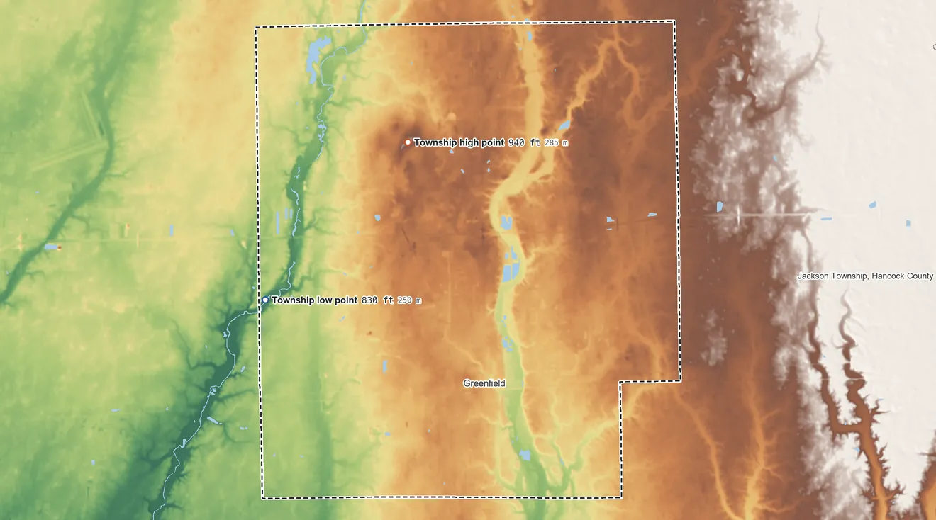 Topographic elevation map of Center Township, Hancock County, Indiana, shaded from 830 ft on the west side to 940 ft on the north side