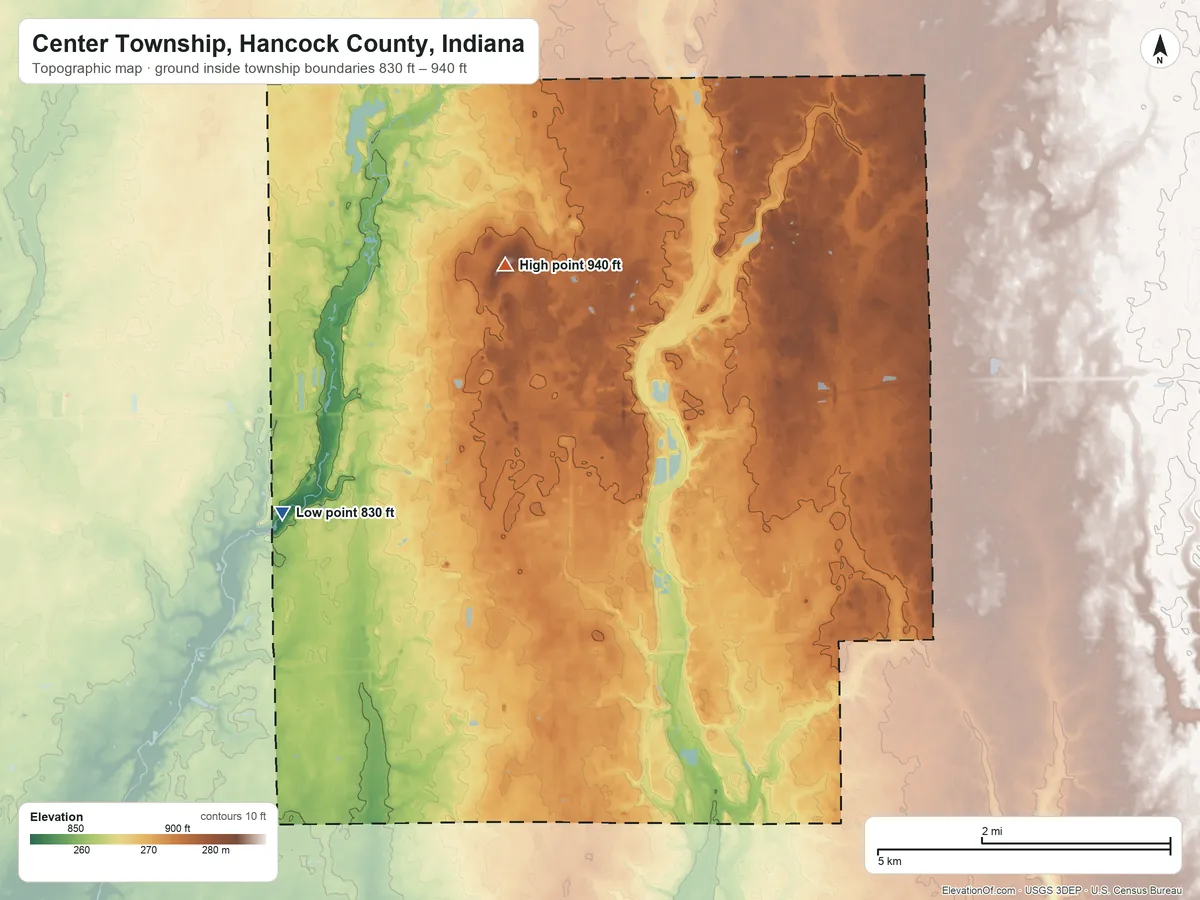 Topographic elevation map of Center Township, Hancock County, Indiana, shaded from 830 ft on the west side to 940 ft on the north side