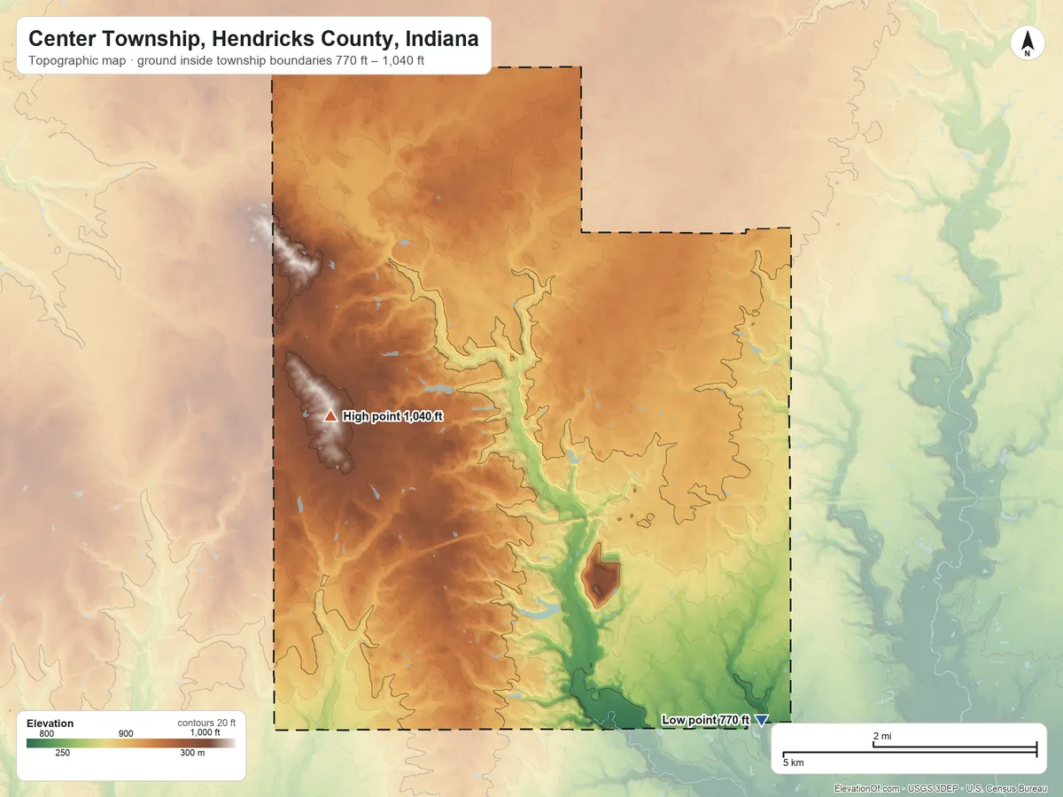 Topographic elevation map of Center Township, Hendricks County, Indiana, shaded from 770 ft on the southeast side to 1,040 ft on the west side