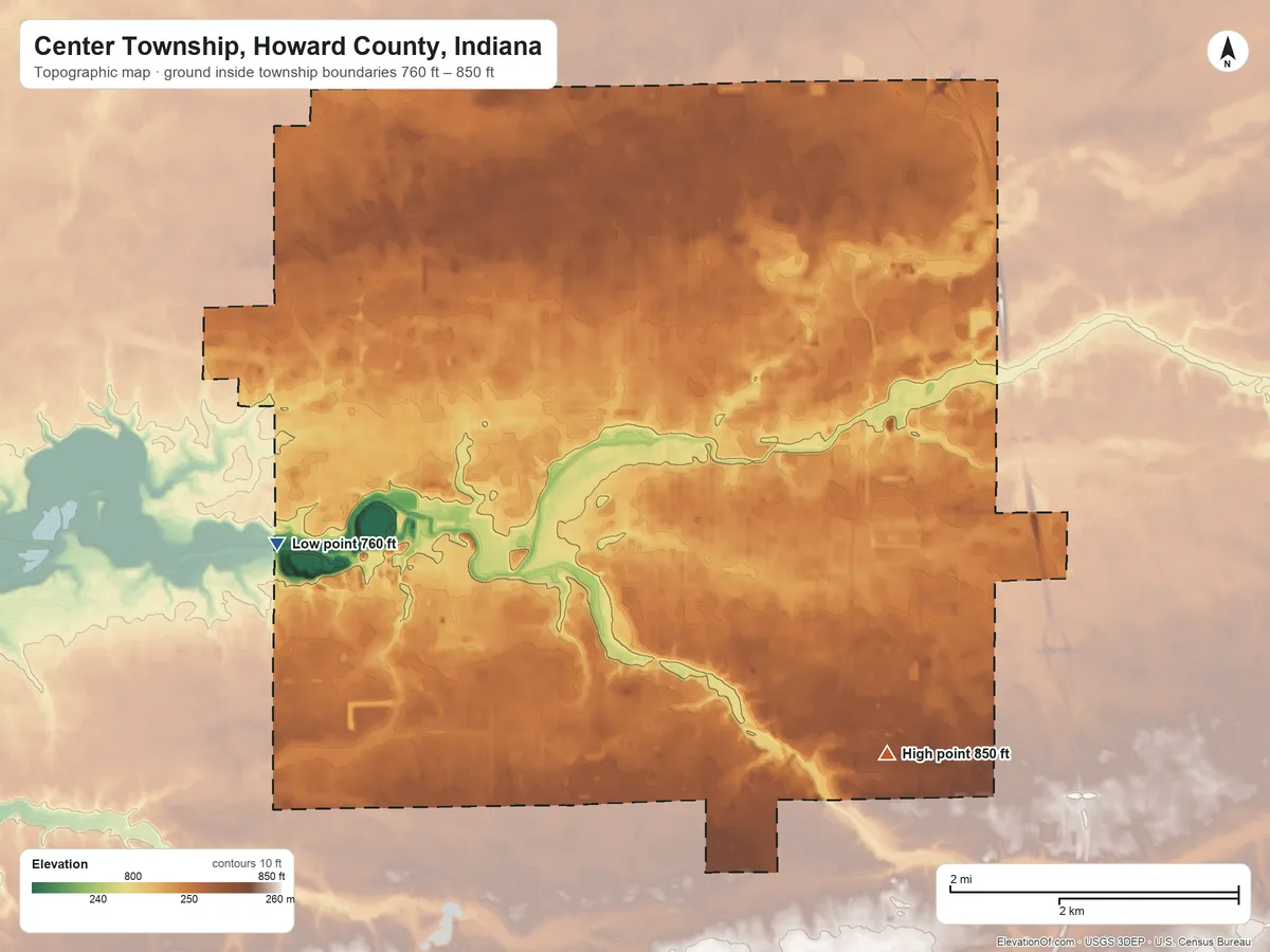 Topographic elevation map of Center Township, Howard County, Indiana, shaded from 760 ft on the west side to 850 ft on the southeast side
