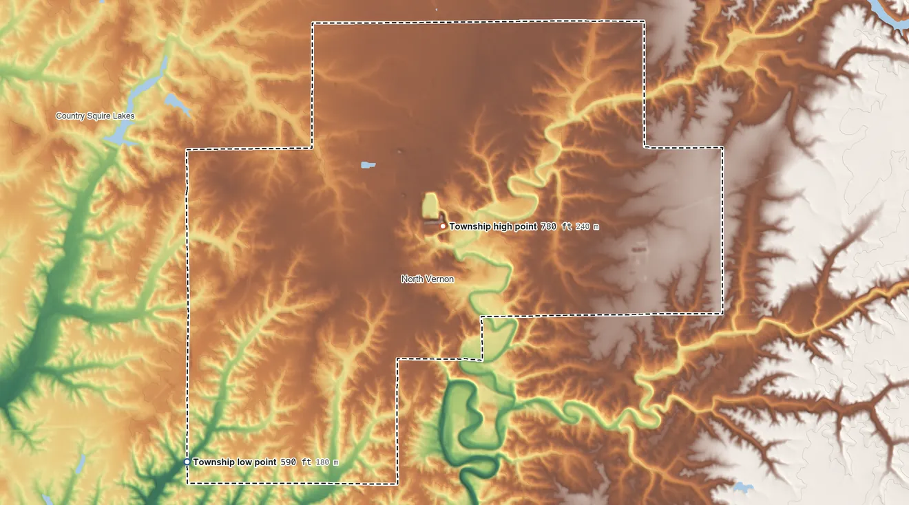 Topographic elevation map of Center Township, Jennings County, Indiana, shaded from 590 ft on the southwest side to 780 ft on the northeast side