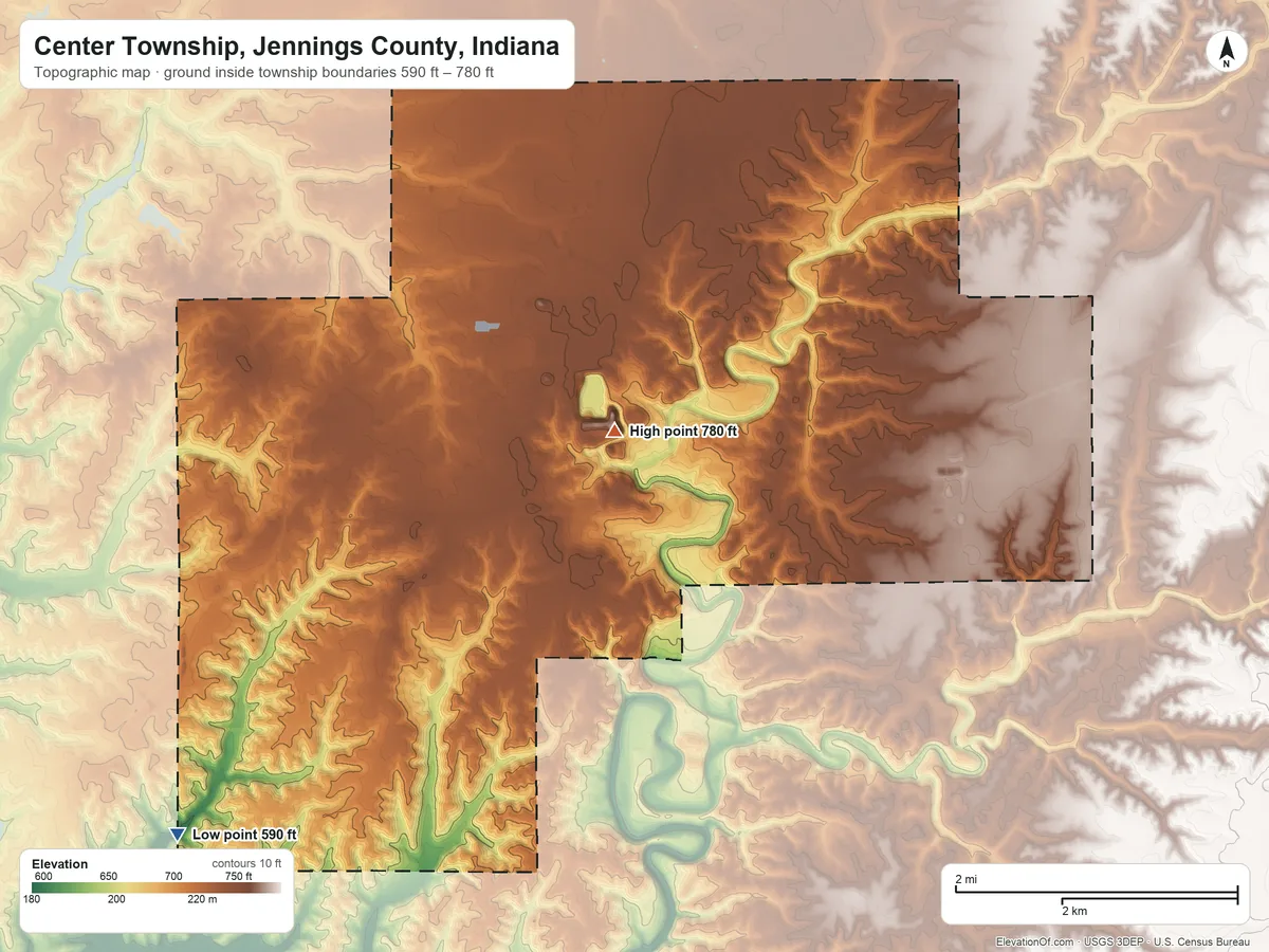 Topographic elevation map of Center Township, Jennings County, Indiana, shaded from 590 ft on the southwest side to 780 ft on the northeast side