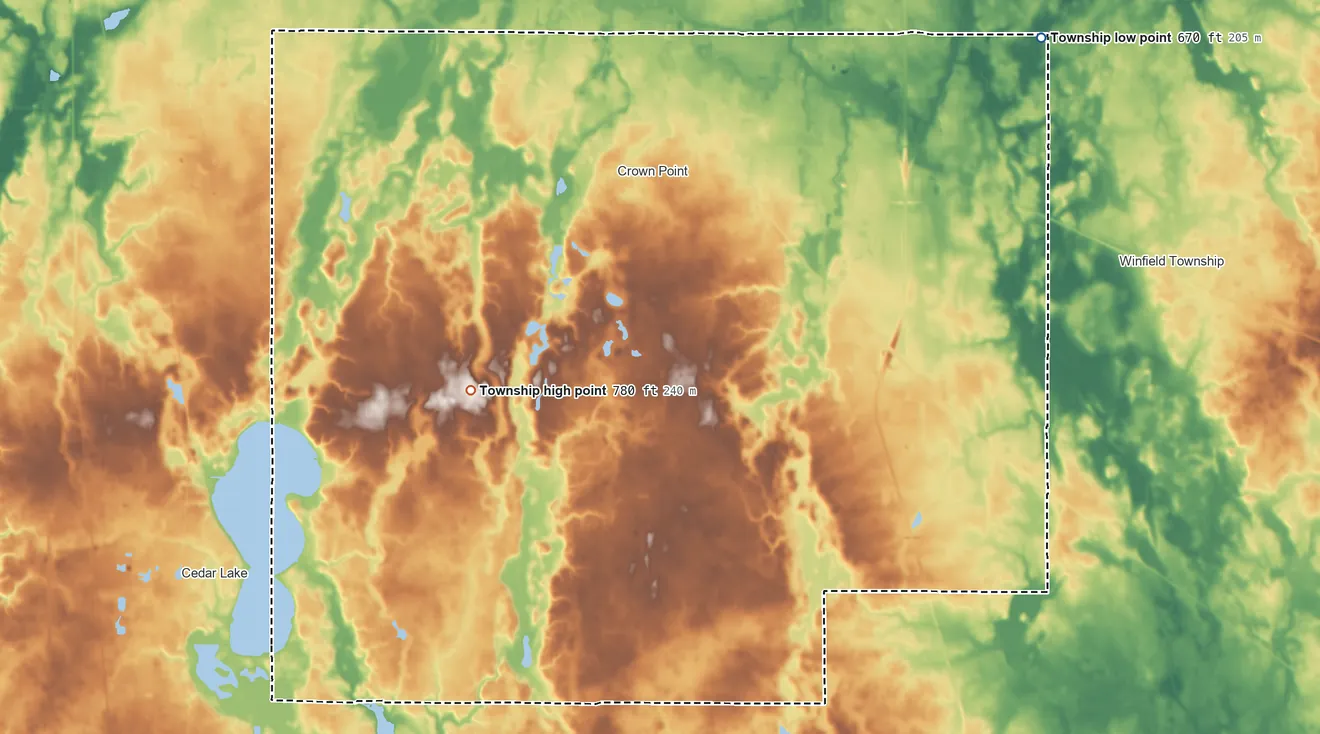 Topographic elevation map of Center Township, Lake County, Indiana, shaded from 670 ft on the northeast side to 780 ft on the southwest side