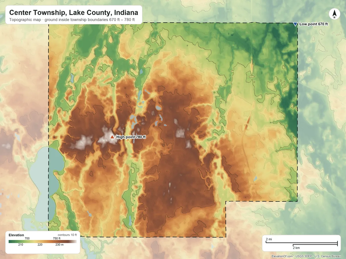 Topographic elevation map of Center Township, Lake County, Indiana, shaded from 670 ft on the northeast side to 780 ft on the southwest side