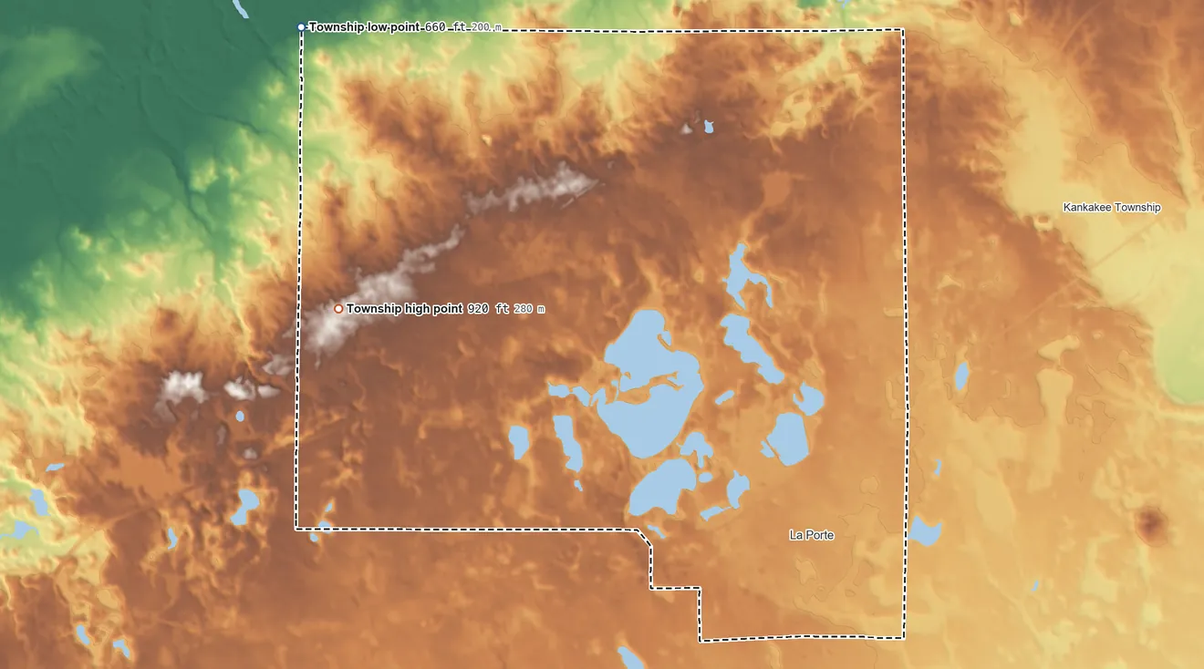 Topographic elevation map of Center Township, LaPorte County, Indiana, shaded from 660 ft on the northwest side to 920 ft on the west side