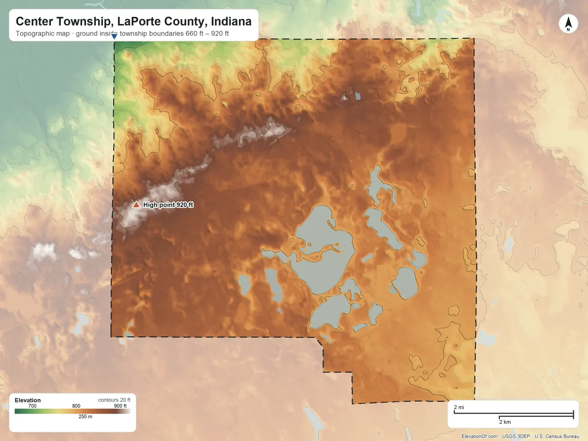 Topographic elevation map of Center Township, LaPorte County, Indiana, shaded from 660 ft on the northwest side to 920 ft on the west side