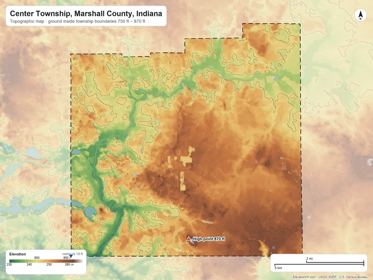 Topographic elevation map of Center Township, Marshall County, Indiana, shaded from 750 ft on the southwest side to 870 ft on the southeast side