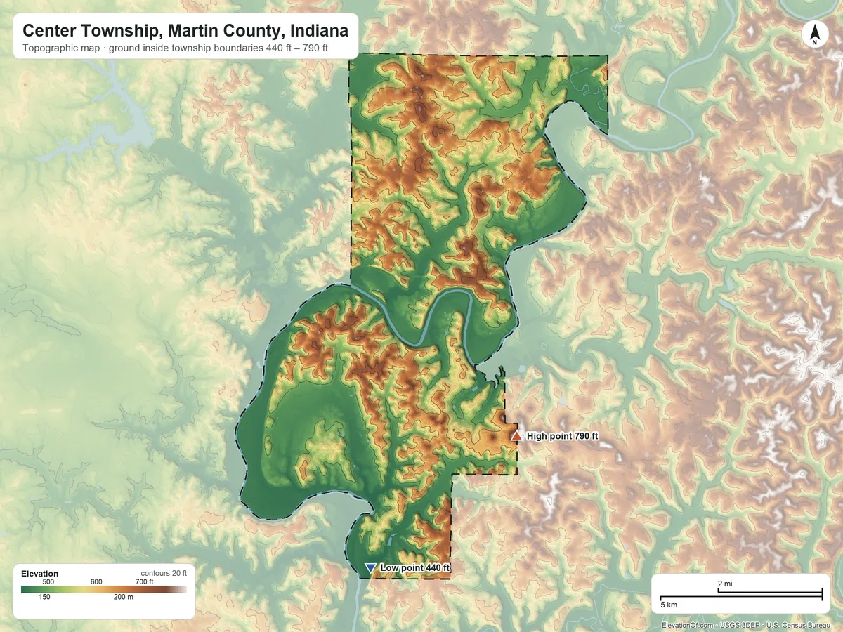 Topographic elevation map of Center Township, Martin County, Indiana, shaded from 440 ft on the south side to 790 ft on the south edge, below higher ground just outside